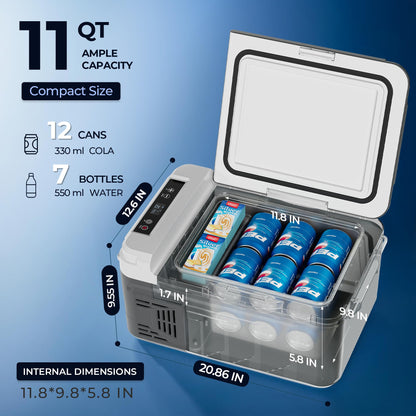 Feelfunn Car Fridge Portable 12 Volt Refrigerator - 11QT(10L) Electric Cooler for Car Truck RV Boat Camping Travel, Portable Freezer with 12/24V DC & 100-240V AC, -4~68°F