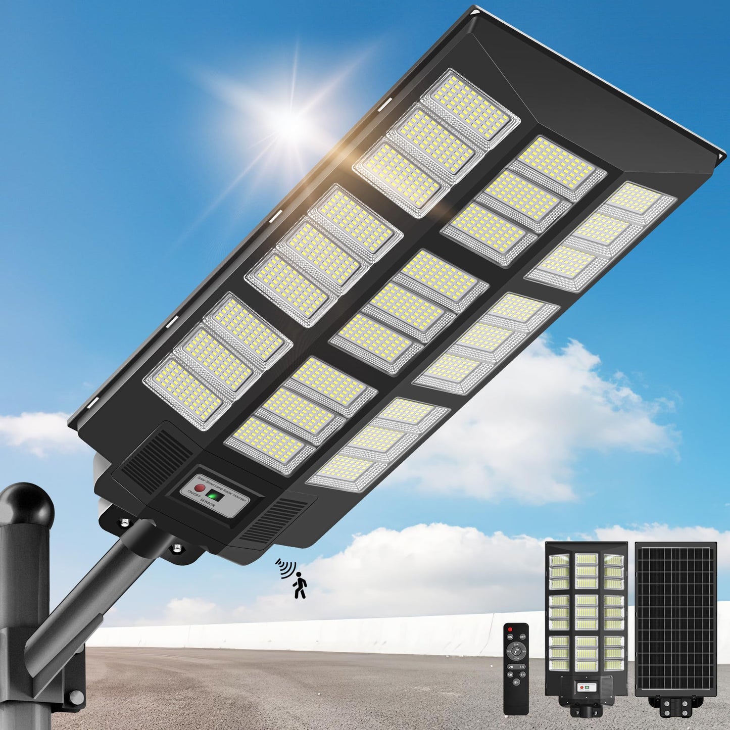 OKPRO 15000W Solar Street Lights Outdoor,Commercial Parking Lot Lights Dusk to Dawn, Waterproof Solar Security Flood Lights with Motion Sensor and Remote for Yard, Highways, Driveway,Farm