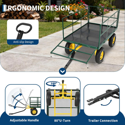 Heavy Duty 1500 Lbs Capacity Mesh Steel Garden Cart Folding Utility Wagon with Removable Sides, Garden Cart on Wheels for Gardening Soil, Tools, and Plant Transport