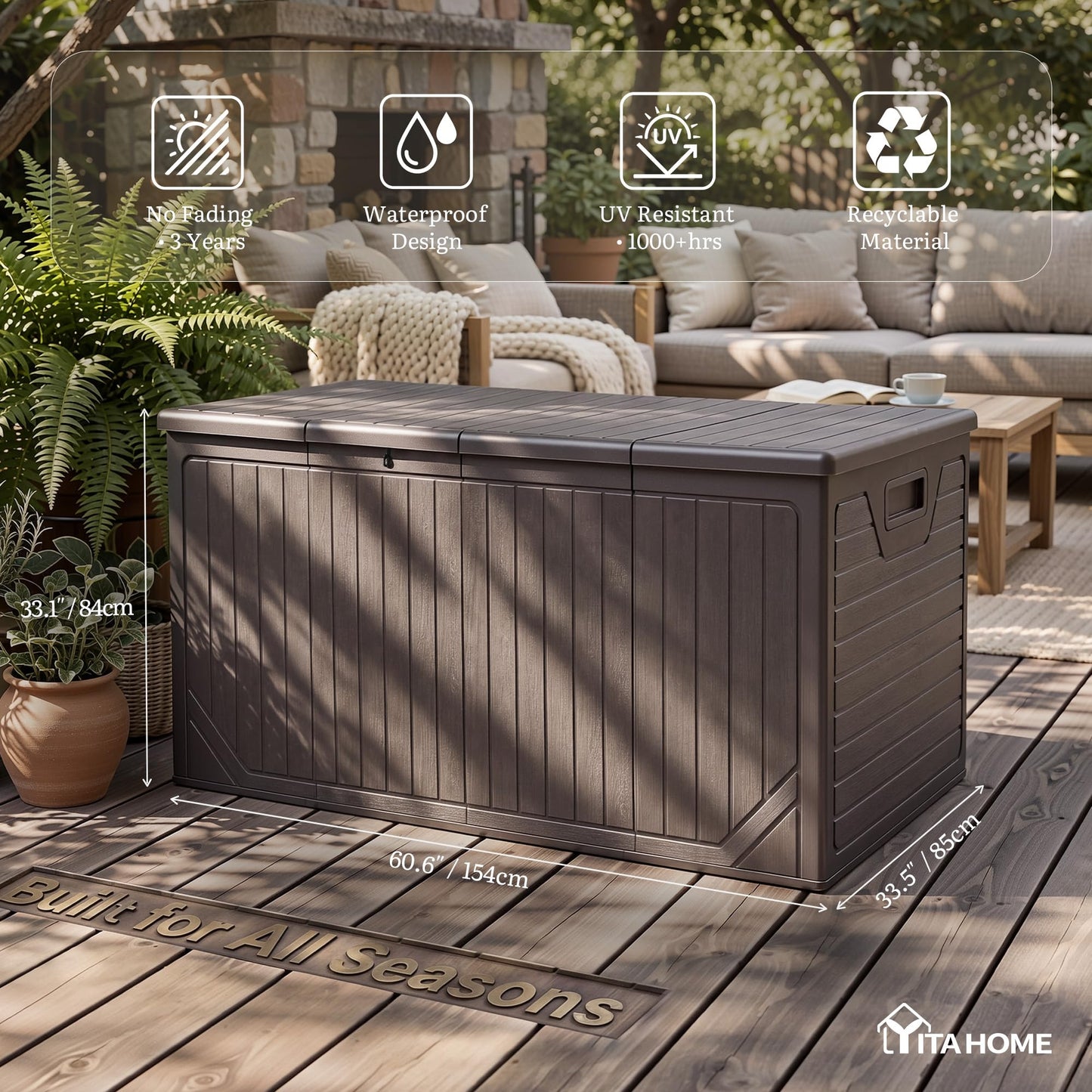 YITAHOME XXL 300 Gallon Extra Large Outdoor Deck Box, Lockable Resin Double-Wall Storage Box and Waterproof Patio Furniture Bin for Garden Tools & Pool Accessories, Brown