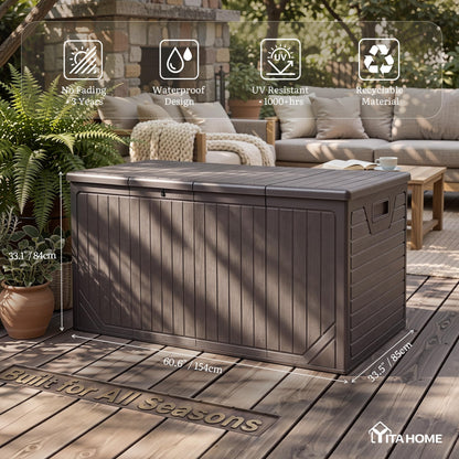 YITAHOME XXL 300 Gallon Extra Large Outdoor Deck Box, Lockable Resin Double-Wall Storage Box and Waterproof Patio Furniture Bin for Garden Tools & Pool Accessories, Brown