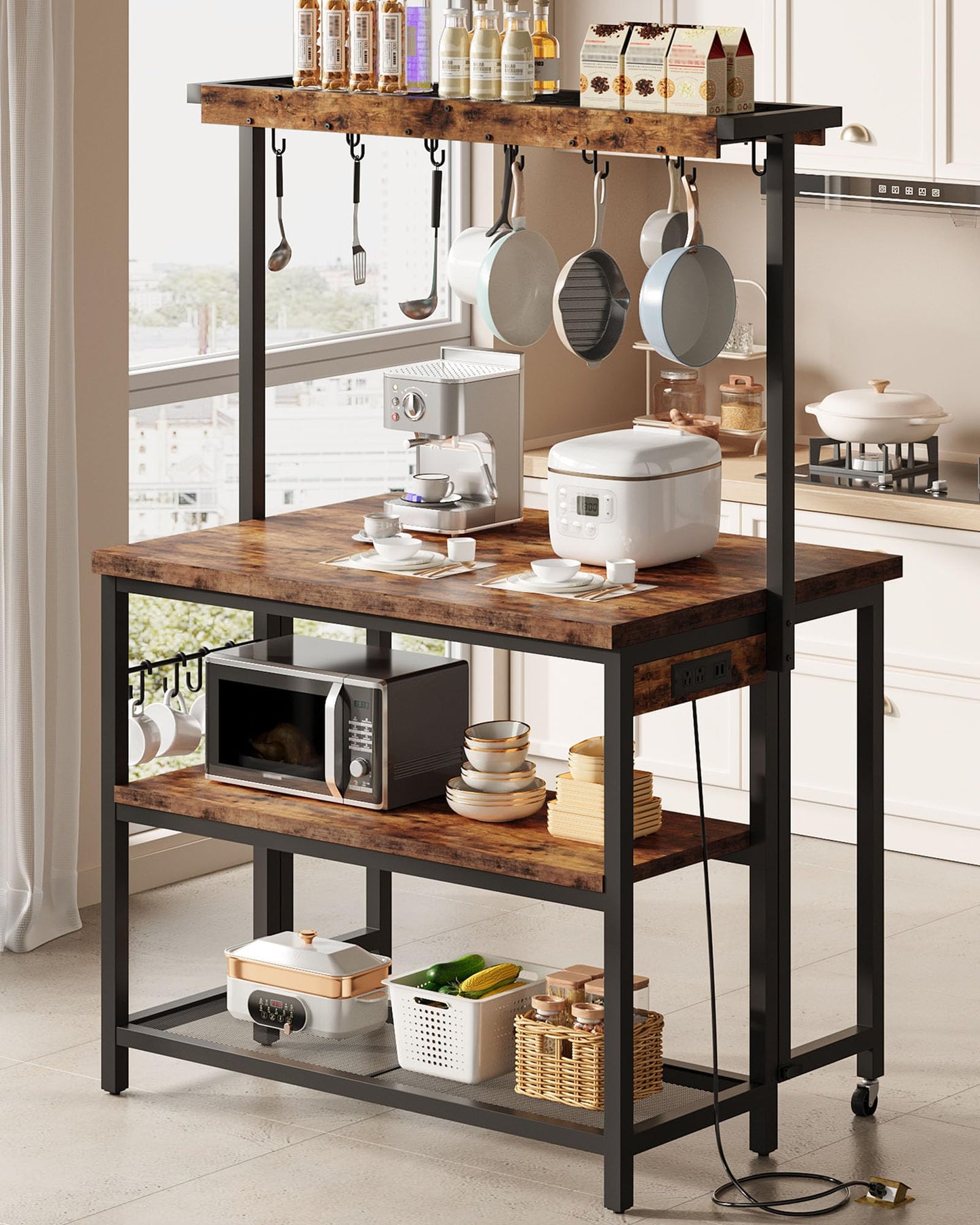 CHOEZON Kitchen Island with Power Outlet, Kitchen Island Table with Folding Top, Stationary Storage Islands, Coffee Bar with Outlets and USB Ports, for Dining Room, Rustic Brown and Black TZD01UBF