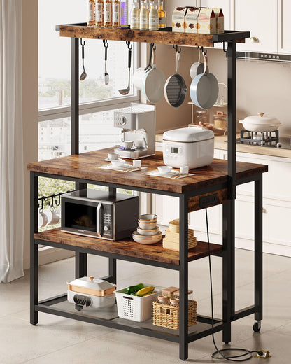 CHOEZON Kitchen Island with Power Outlet, Kitchen Island Table with Folding Top, Stationary Storage Islands, Coffee Bar with Outlets and USB Ports, for Dining Room, Rustic Brown and Black TZD01UBF