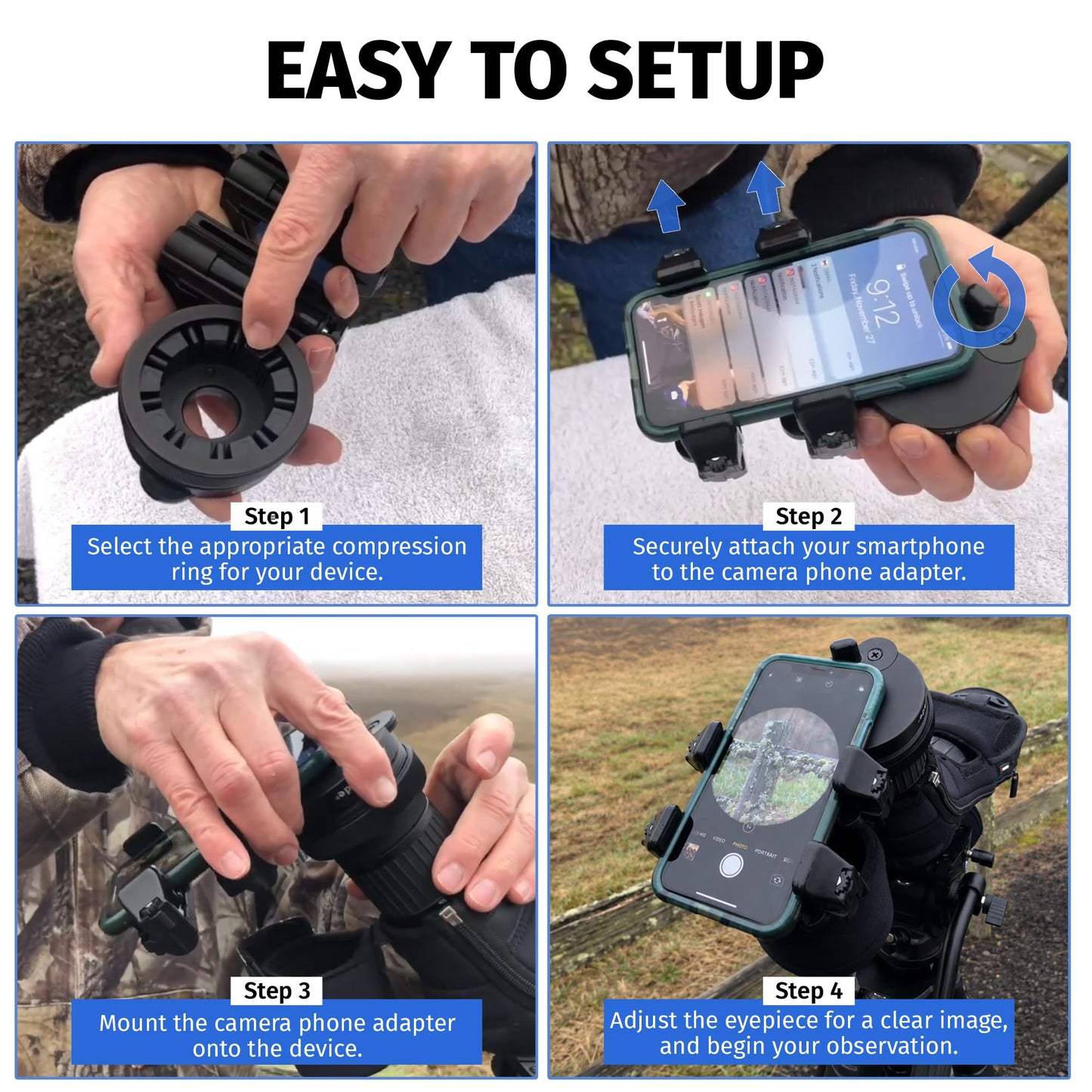 Novagrade Universal Spotting Scope Phone Adapter - Double Grip Telescope Phone Mount for Digiscope Photography & Binoculars Mount for iPhone that Fits Almost all Smartphones on the Market, Made in USA