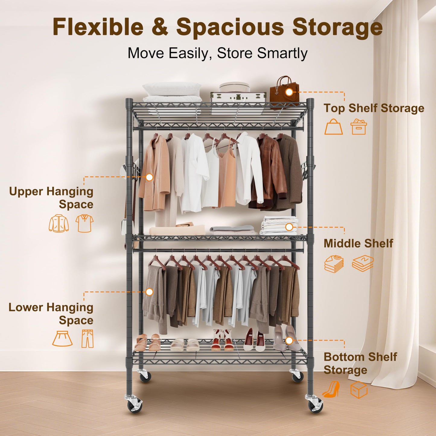 Whitmor 3 Tier Rolling Garment Rack, Heavy Duty Adjustable Metal Clothing Rack with Side Hooks, Double Rods & 360° Lockable Wheels, Max 600LBS for Hanging Clothes, 35.4" L x 16" W x 77" H, Black