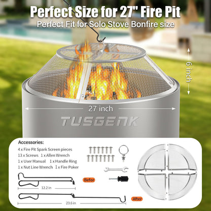 Fire Pit Spark Screen for Solo Stove Bonfire Yukon Accessories, 27 Inch Yukon Shield for Solo Stove Accessories, 304 Stainless Steel Detachable Mesh Fire Pit Spark Protector with Grill Function