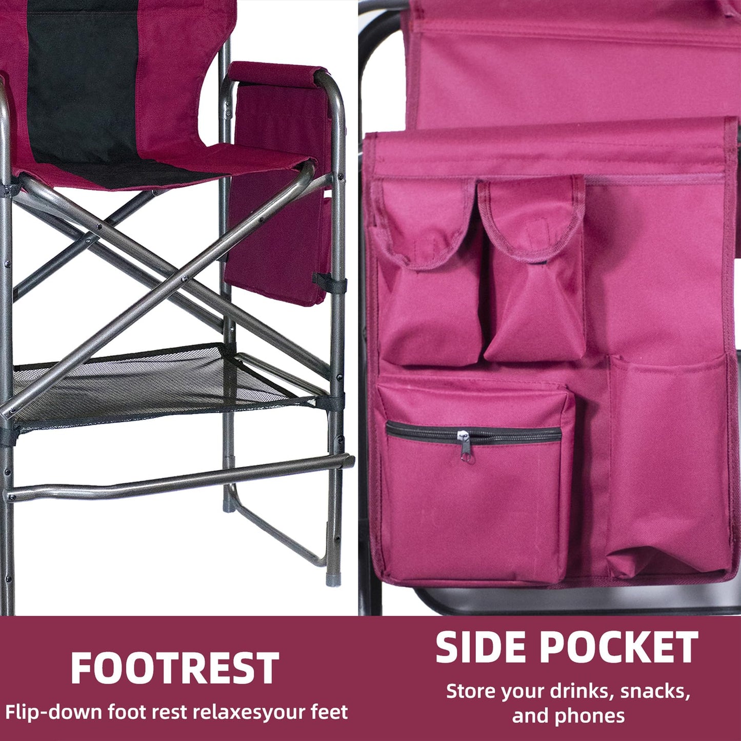 Foristrail 30" Tall Directors Chair with Side Table, 400LBS Bar Height Folding Camping Chair for Makeup Artists, Outdoor Events, Portable Foldable Chair with Cup Holder & footrest - Light Wine Red
