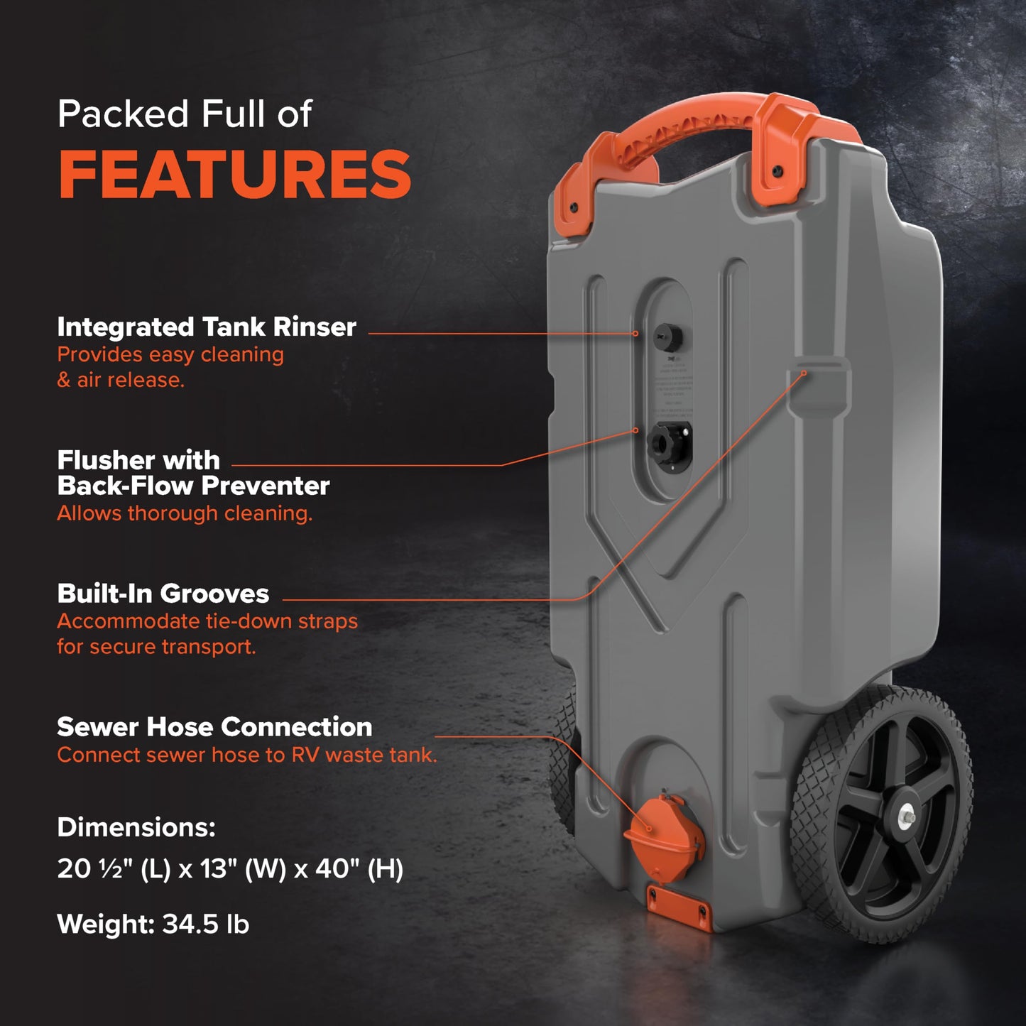 Camco Rhino 21-Gallon RV Portable Waste Tank - Features Large Heavy-Duty No-Flat Wheels & Low Drain Hole - Includes Removable Steel Tow Adapter, 3’ Sewer Hose & More RV Accessories (39002)