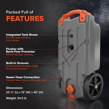 Camco Rhino 21-Gallon RV Portable Waste Tank - Features Large Heavy-Duty No-Flat Wheels & Low Drain Hole - Includes Removable Steel Tow Adapter, 3’ Sewer Hose & More RV Accessories (39002)