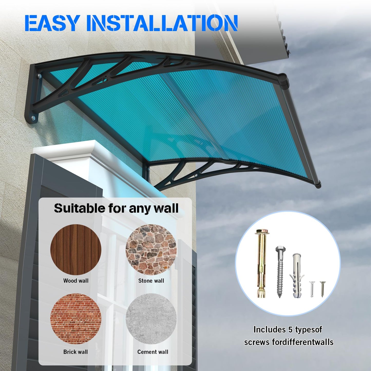 GGNEBAI Door Awning 32"x80" Window Awning for Doors Canopy Exterior, Polycarbonate Cover for House Porch Patio Deck, UV Rain Snow Sunlight Protection, Hollow Sheet