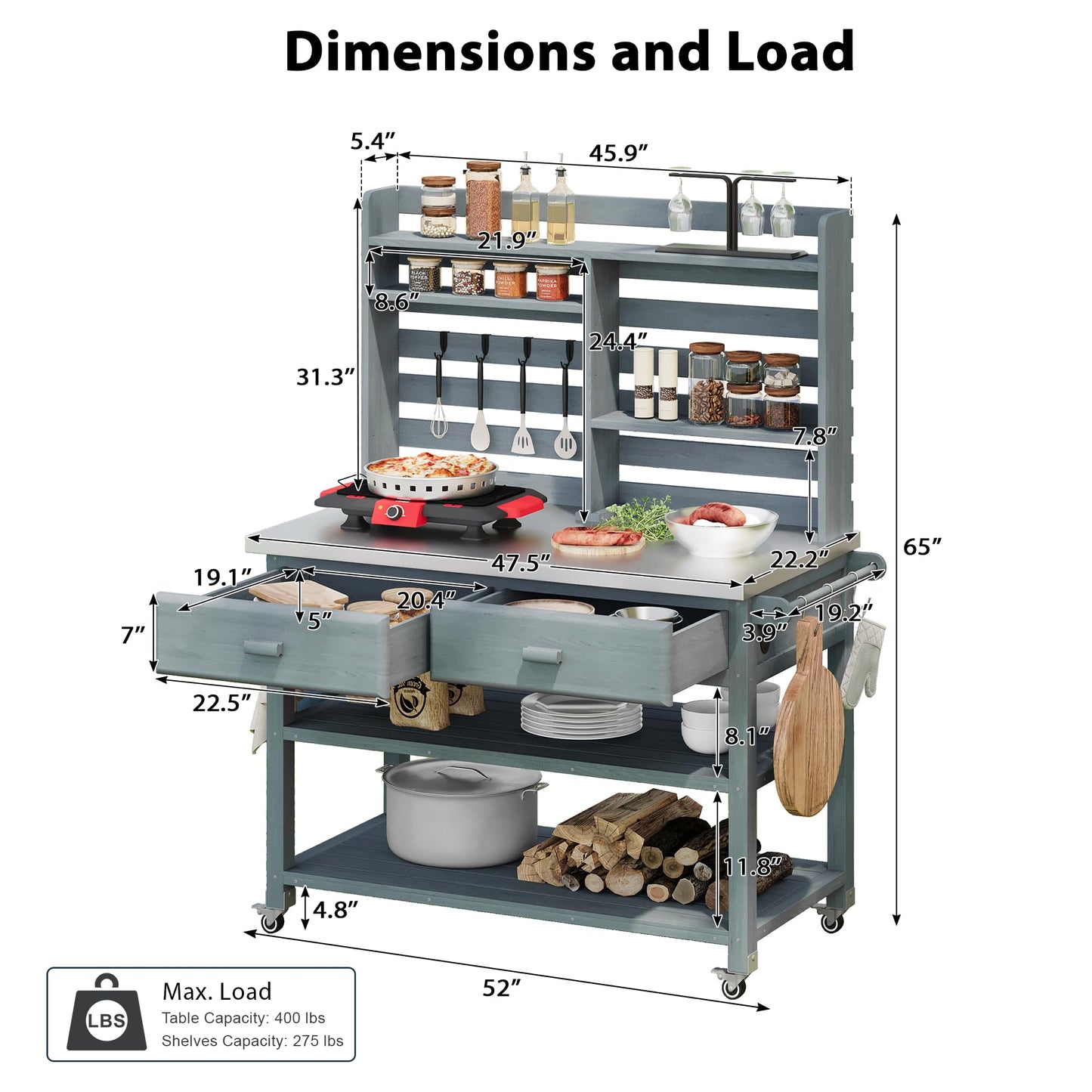 Merax 64.9"H Outdoor Potting Bench Table with Lockable Wheels, Solid Wood Outdoor Kitchen Island with Upper Hutch, Stainless Steel Top, Towel Rack, Outdoor Storage for Grilling, Lawn Garden, Grey Blue