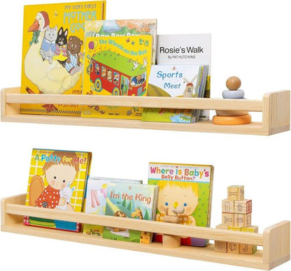 Fun Memories Nursery Book Shelves - Rustic Solid Wood Floating Bookshelf for Kids - 32-Inch Natural Wall Shelf (2-Pack)