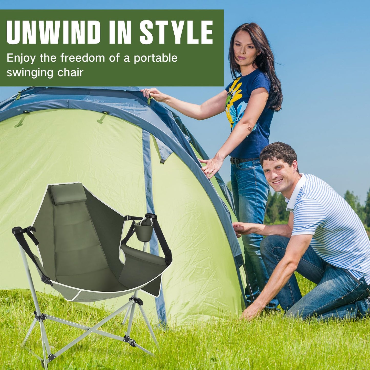 Reallnaive 2 Pcs Hammock Camping Chair with Adjustable Backrest, Heavy Duty Folding Swinging Chair Supports 300lbs, Portable for Camping, Travelling and Patio Green