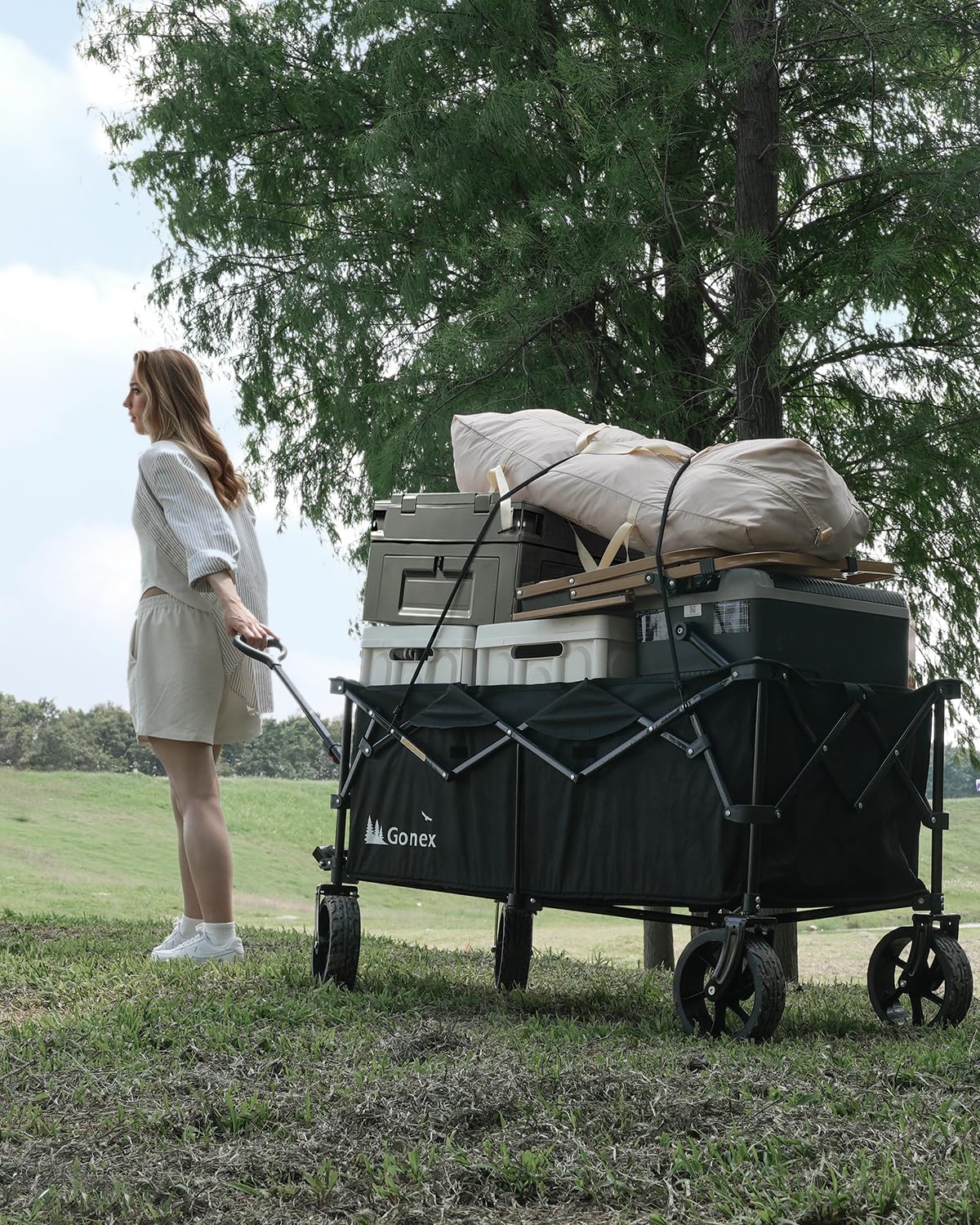 Gonex 48''L Collapsible Foldable Heavy Duty Oversized Wagon with 440lbs Weight Capacity, 300L Folding Large Utility Garden Grocery Shopping Cart with 8" H All-Terrain Wheels & 2 Drink Holders - Black