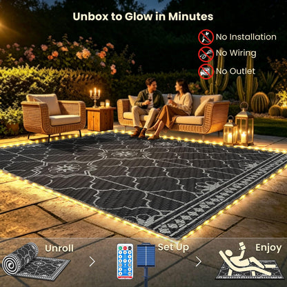 9x12Ft Outdoor Rug, Solar Powered Outdoor Rug with 131LEDs Strip Lights for House Deck, Waterproof Plastic Reversible Outdoor Straw Rugs, Rugs Mat RV Camping Patio Beach Balcony Picnic (Black Gray)