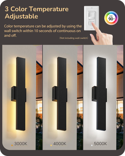 EDISHINE LED Outdoor Wall Lights 2 Pack Dimmable 3000K 4000K 5000K 15.7in Black Modern Sconce IP65 Waterproof