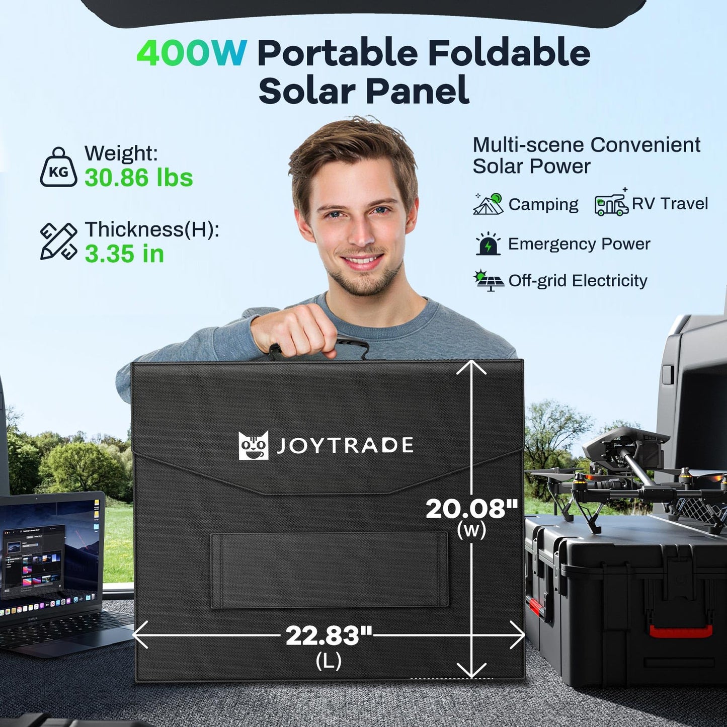 400W Portable Solar Panel, 41V Foldable Solar Panel for Fast Charging Power Station, Multi-Port Wide Compatibility, ETFE Encapsulation IP65 Protection, UL Certified, for Camping, RV, Marine, Off Grid