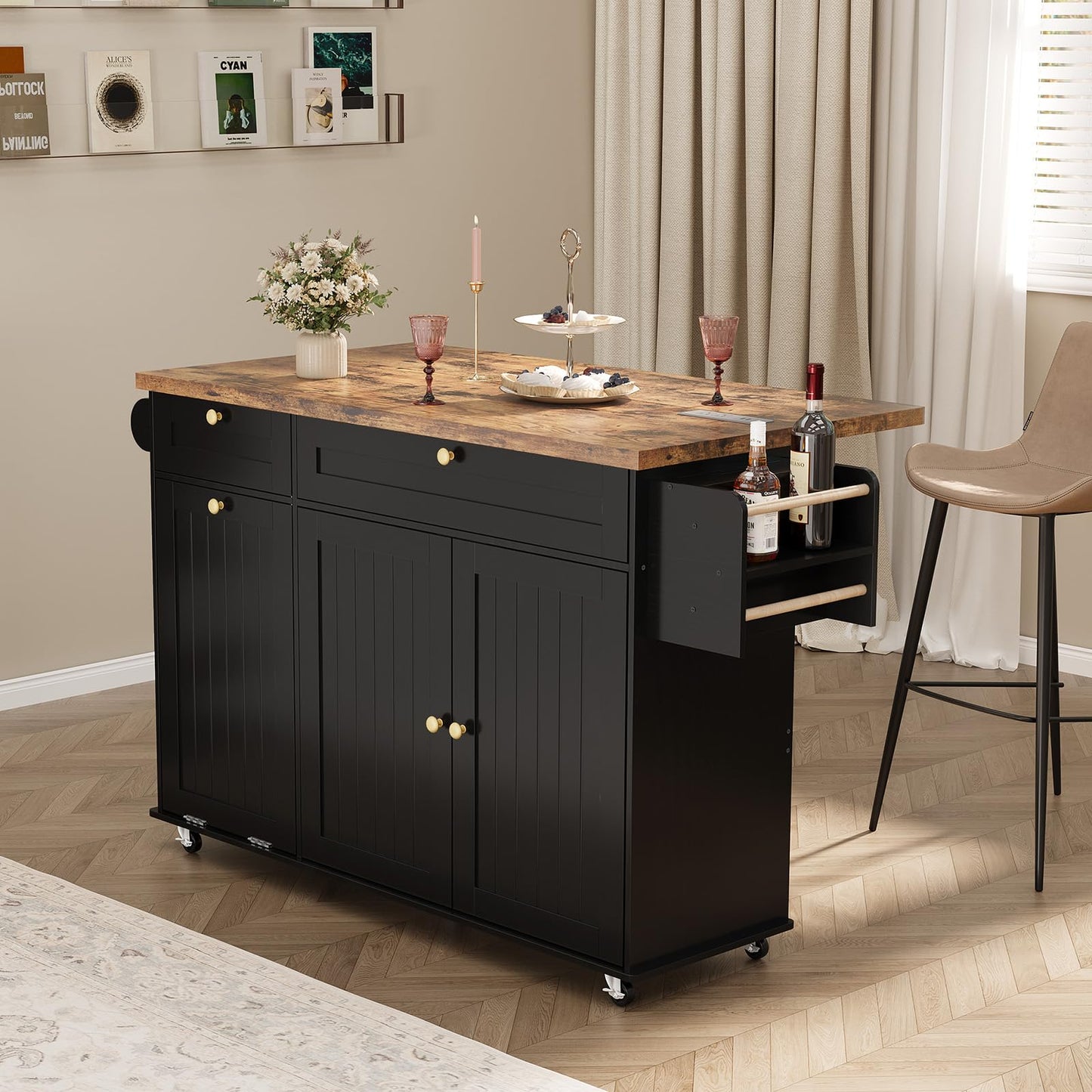 ComfyCorner 60" Rolling Large Kitchen Island on Wheels with Extendable Table, Drop Leaf & Power Outlet, Mobile Kitchen Cart with Storage Cabinet, 2 Drawers, Spice Rack, Towel & Knife Holder, Black