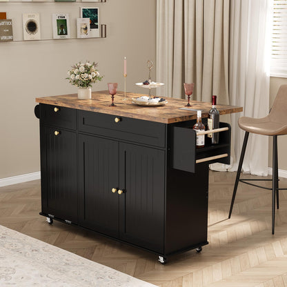 ComfyCorner 60" Rolling Large Kitchen Island on Wheels with Extendable Table, Drop Leaf & Power Outlet, Mobile Kitchen Cart with Storage Cabinet, 2 Drawers, Spice Rack, Towel & Knife Holder, Black