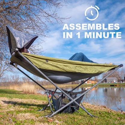 Portable Hammock with Stand, World's Best Mock ONE® Hammock, Compact Folding Framed Hammock with Adjustable Sunshade Canopy for Park, Backyard, Garden, Camping, Hiking, Mountaineering, Beaches- Green