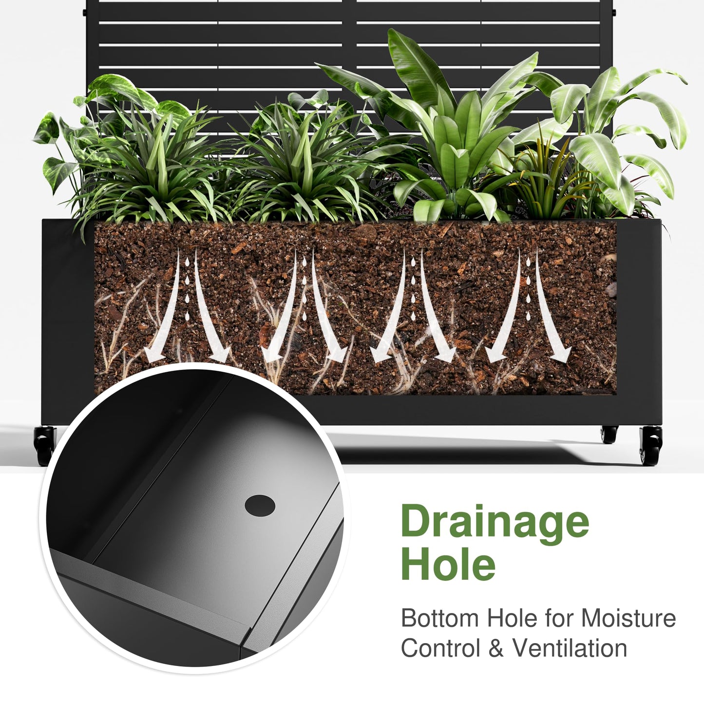 Casaphoria Metal Raised Garden Bed with Trellis and Wheels, 47"x47"x16" Planter Box for Climbing Plants, Vegetables & Vines, Features Drainage Holes and Privacy Screen (Black-Louvered)
