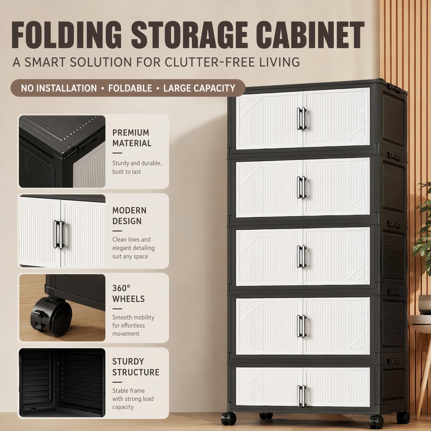 5 Tier Foldable Storage Cabinet with Top Lid, Tall Mobile PP Storage Organizer with Magnetic Doors and Wheels, Space-Saving Collapsible Organizer for Bedroom Living Room Kitchen Pantry Bathroom