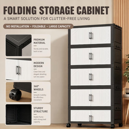 5 Tier Foldable Storage Cabinet with Top Lid, Tall Mobile PP Storage Organizer with Magnetic Doors and Wheels, Space-Saving Collapsible Organizer for Bedroom Living Room Kitchen Pantry Bathroom