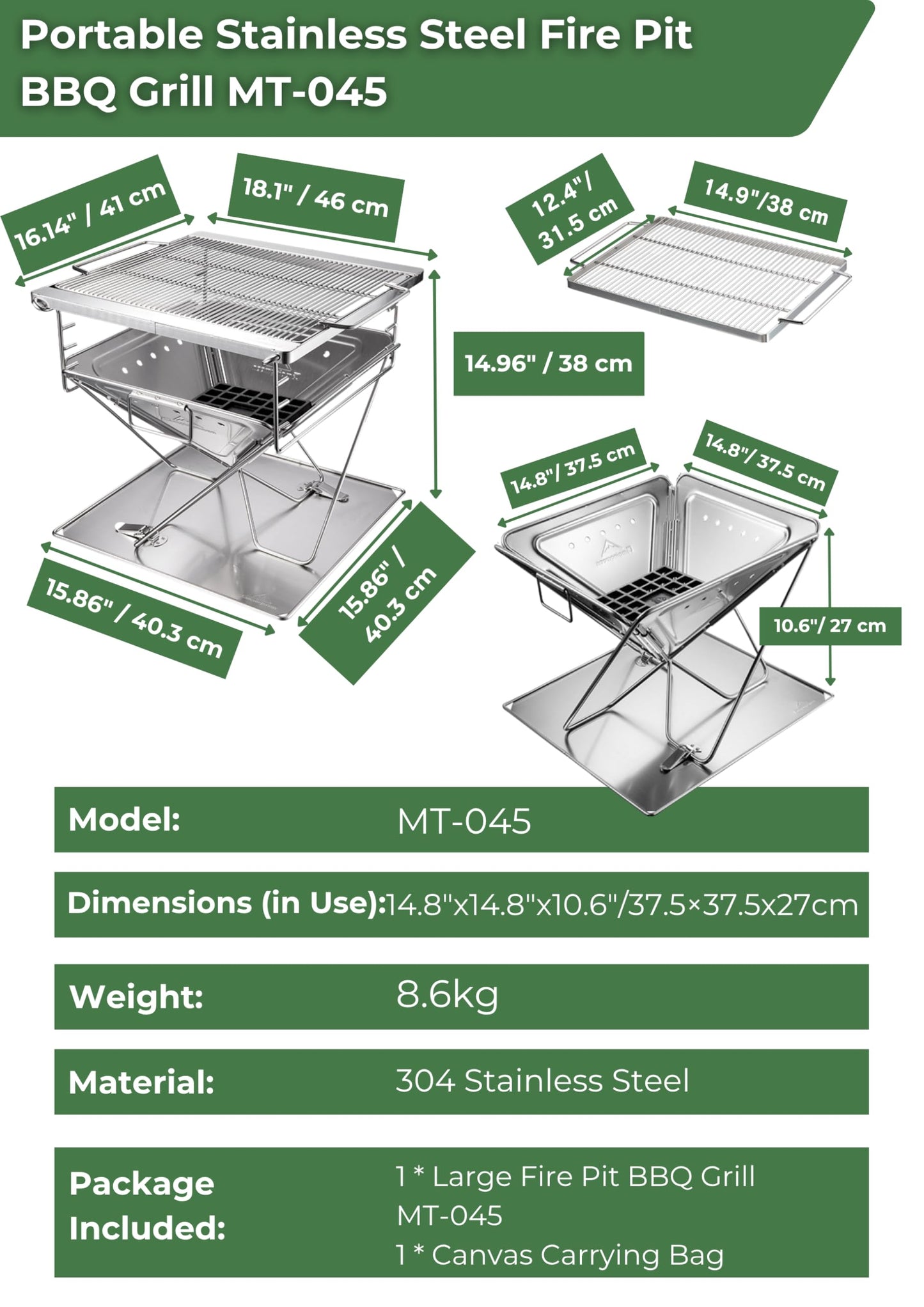 CAMPINGMOON 3 in 1 Flatpack Portable Fire Pit Grill 14 inch Foldable Stainless Steel Wood Burning Camping Stove Adjustable Height Overlanding Outdoor Cooking RV Trips Carry Bag included MT-045