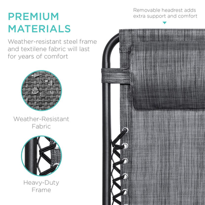 Best Choice Products Set of 2 Adjustable Steel Mesh Zero Gravity Lounge Chair Recliners w/Pillows and Cup Holder Trays - Gray
