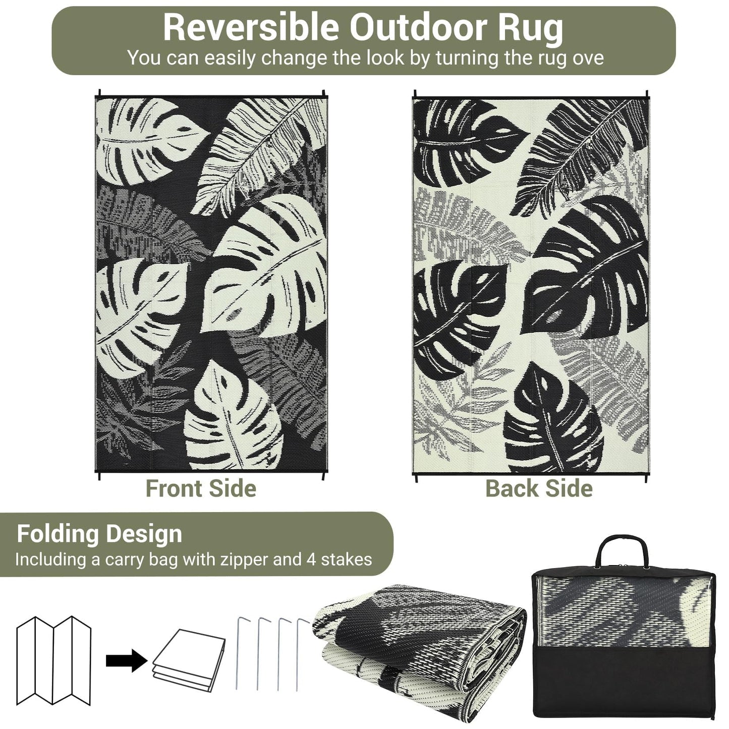 MilleLoom Waterproof Plastic Straw Outdoor Rug 9x18 Patio Reversible UV Resistant Foldable Camping Carpet Modern Leaf Print Large Outdoor Rugs for Deck, Porch, Camper, Balcony, Beach，Black/Beige