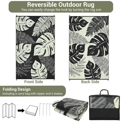 MilleLoom Waterproof Plastic Straw Outdoor Rug 9x18 Patio Reversible UV Resistant Foldable Camping Carpet Modern Leaf Print Large Outdoor Rugs for Deck, Porch, Camper, Balcony, Beach，Black/Beige