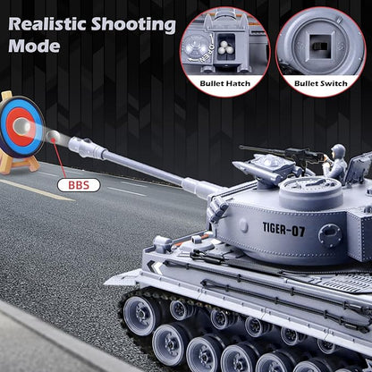 1/18 Remote Control Tank German Tiger - Gray RC Tank Thats Shoots BBS 60 Minute Playing Time Smoke Sound LED Lights Excellent Gift for Kids and Adults
