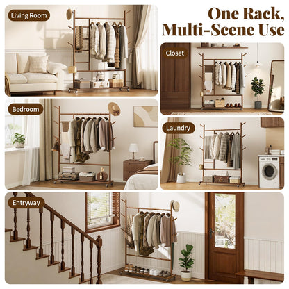 Yoobure Solid Wood Clothing Rack - Rolling Clothes Rack with Wheels, 4-in-1 Coat Rack with Pants Rack & Shelf, Freestanding Clothing Racks for Hanging Clothes, Garment Rack for Closet Bedroom Entryway
