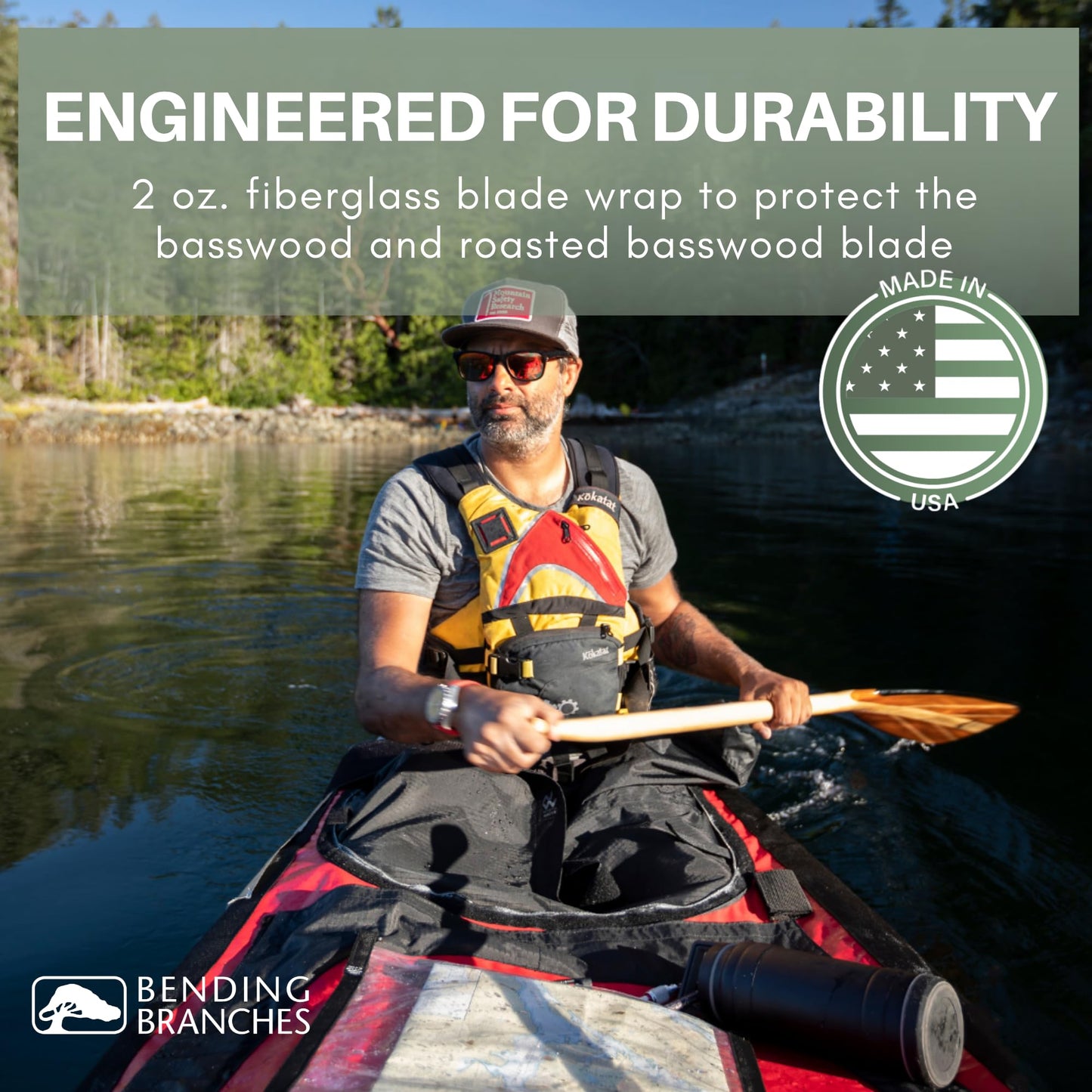 BENDING BRANCHES Java 11 Wood Canoe Paddle – 18-Laminate Basswood Shaft, Hardwood Blade with Fiberglass Wrap and Rockgard® Protection, 11° Bent Shaft, Classic Palm Grip