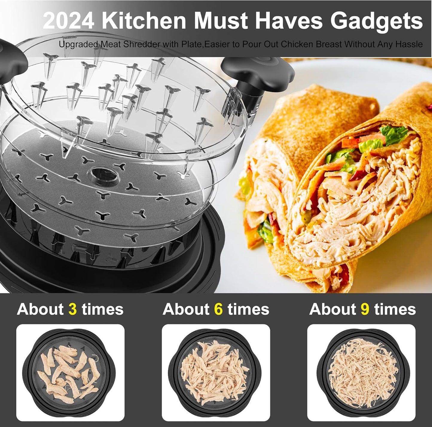Skiennix Chicken Shredder - Manual Meat Shredder Tool with Transparent Lid & Cleaning Brush | Dishwasher Safe, Black