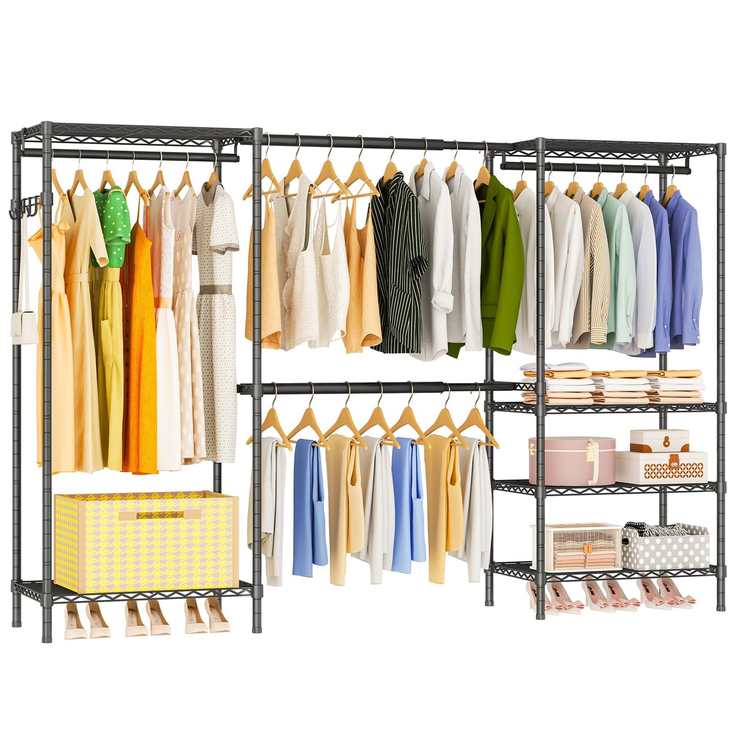 Exglobol Heavy Duty Garment Rack, Portable Expandable Freestanding 4 Tiers Adjustable Wire Shelves Clothes Rack with 2 Retractable Poles, 70.9-86.6" L x 15.7" W x 76.8" H, Max Load 900LBS, Black