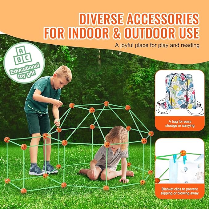 VEVOR Fort Building Kit for Kids 140PCS Glow in The Dark STEM Building Toys Educational Gift for 4 5 6 7 8+ Year Old Boys &amp Girls Indoor Outdoor Kids Fort Building Kit with 96 Rods and 44 Balls