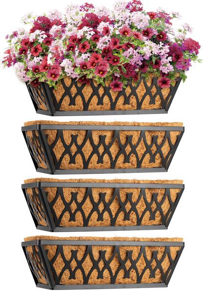 Karlliu 4 Pack 14 Inch Window Boxes Planters Railing Planter Box with Coco Liners Deck Railing Planter Boxes Balcony Hanging Flower Box for Outdoor Plants Garden Decor