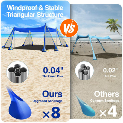 Rhino Valley Beach Tent, 10 x 13 FT Beach Shade UPF50+ Protection, Beach Canopy with 8 Sandbags 4 Stability Poles,Outdoor Beach Tent Sun Shelter Umbrella for Sand,Camping,Fishing Essentials, Indigo