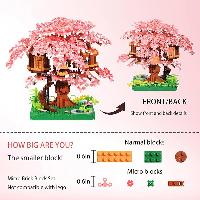 Cherry Blossom Tree Building Block Set Gift for Adults Girls Boys 14+ Cherry Bonsia Treehouse Micro Building Blocks Japanese Sakura Flowers House 2028PCS