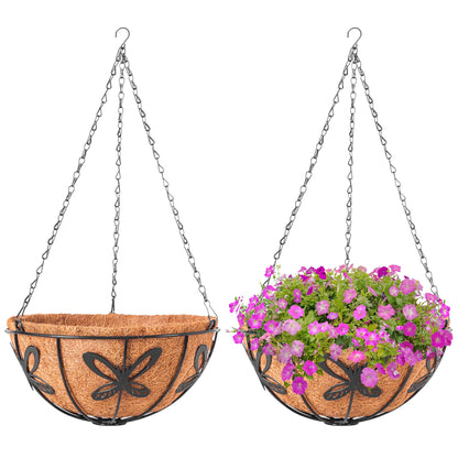 ARVINKEY Hanging Baskets Planter for Plants, 2 Pack 14 Inch Round Metal Wire Hanging Flower Pots with Coco Coir Liner Chain, Plant Holder for Home Garden Balcony Decor