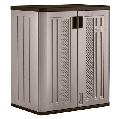 Suncast Base Storage Cabinet for Garage Organization - 9 Cu. Ft. Lockable 2-Shelf Organizer for Garden Supplies, Paint Cans & Outdoor Tools, Multi-Wall Resin Construction, Platinum