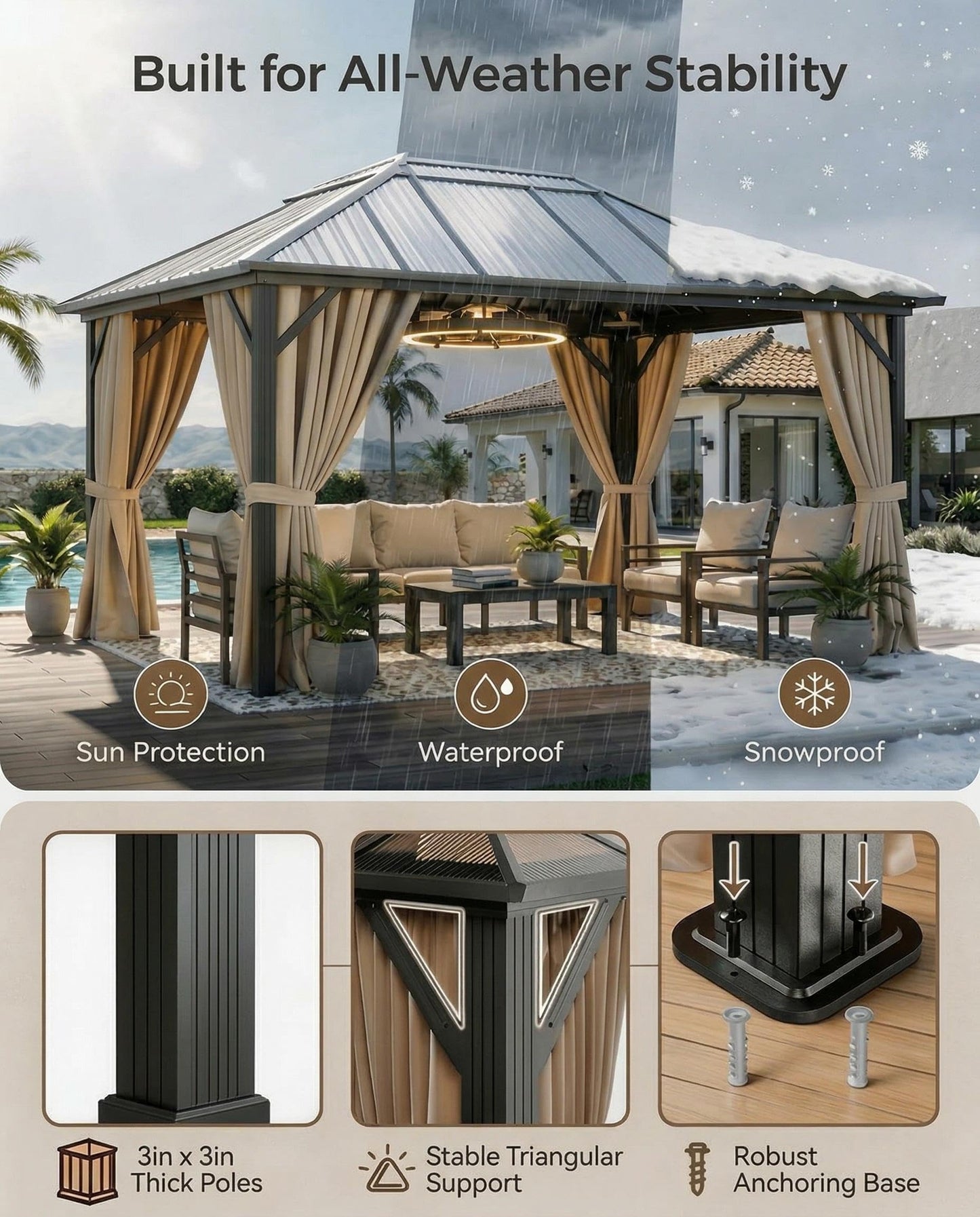 10' x 13' Hardtop Gazebo with Polycarbonate Double Roof, Aluminum Frame Permanent Pavilion with Curtains and Netting, Outdoor Gazebo for Patio Backyard (Khaki)
