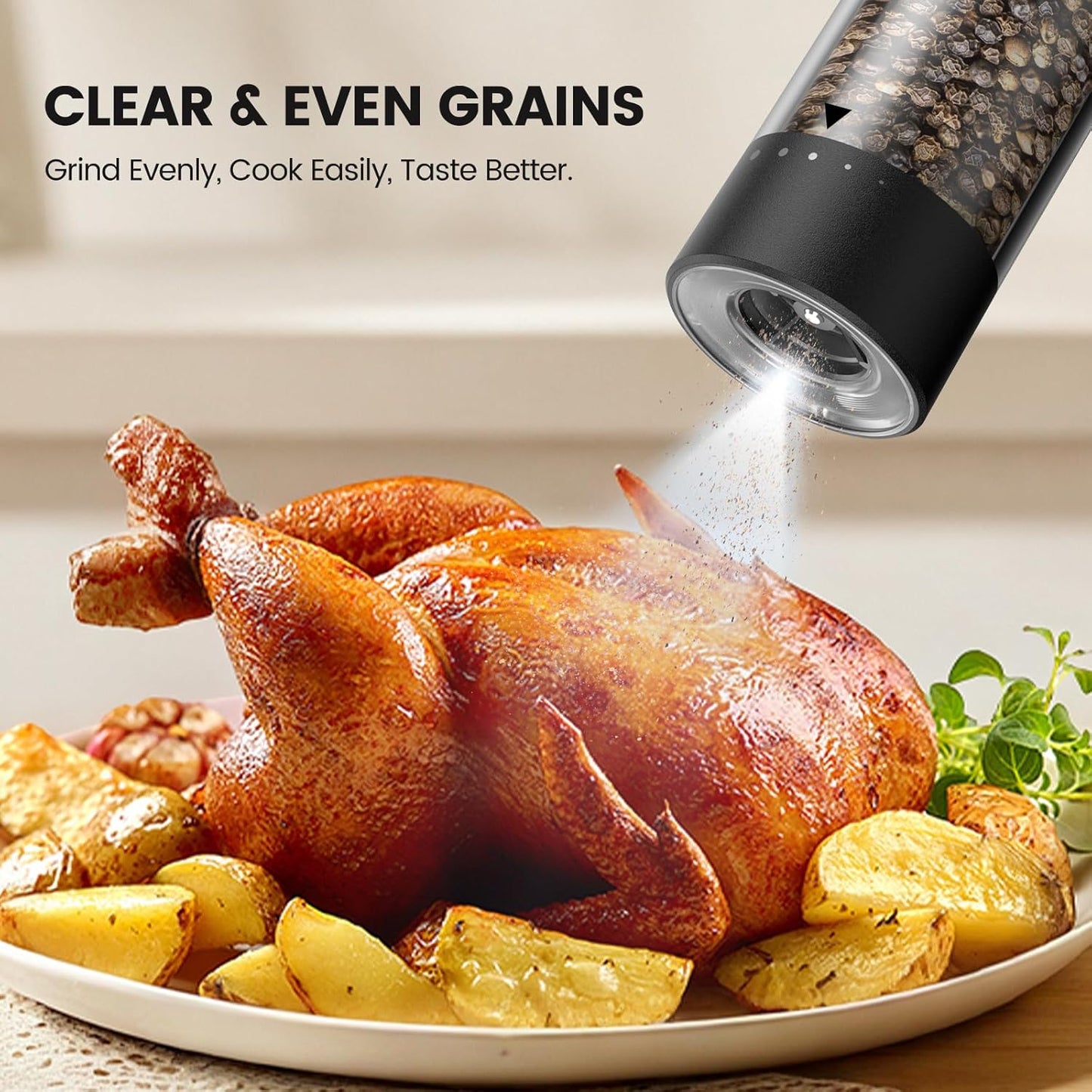 Skiennix Electric Salt and Pepper Grinder Set - Rechargeable Automatic Shakers with Adjustable Coarseness | 2 Pack in Black/White