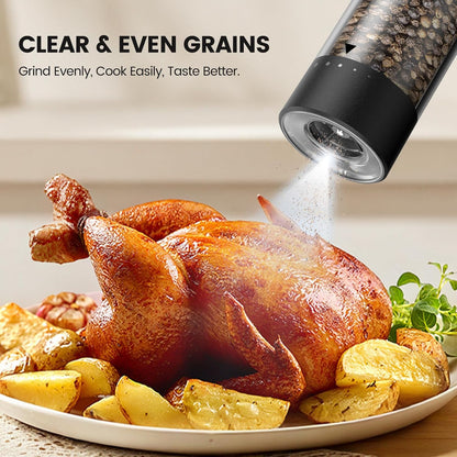 Skiennix Electric Salt and Pepper Grinder Set - Rechargeable Automatic Shakers with Adjustable Coarseness | 2 Pack in Black/White