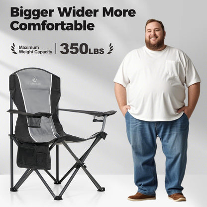 ALPHA CAMP Oversized Camping Folding Chair Heavy Duty Steel Frame Support 350 LBS Collapsible Padded Arm Chair with Cup Holder Quad Lumbar Back Chair Portable for Outdoor/Indoor (Black grey-2PC)