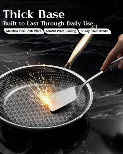 Honeycomb Stainless Steel Frying Pan - 8 Inch Nonstick Skillet with Lid | Induction Compatible, PFOA-Free, Dishwasher Safe