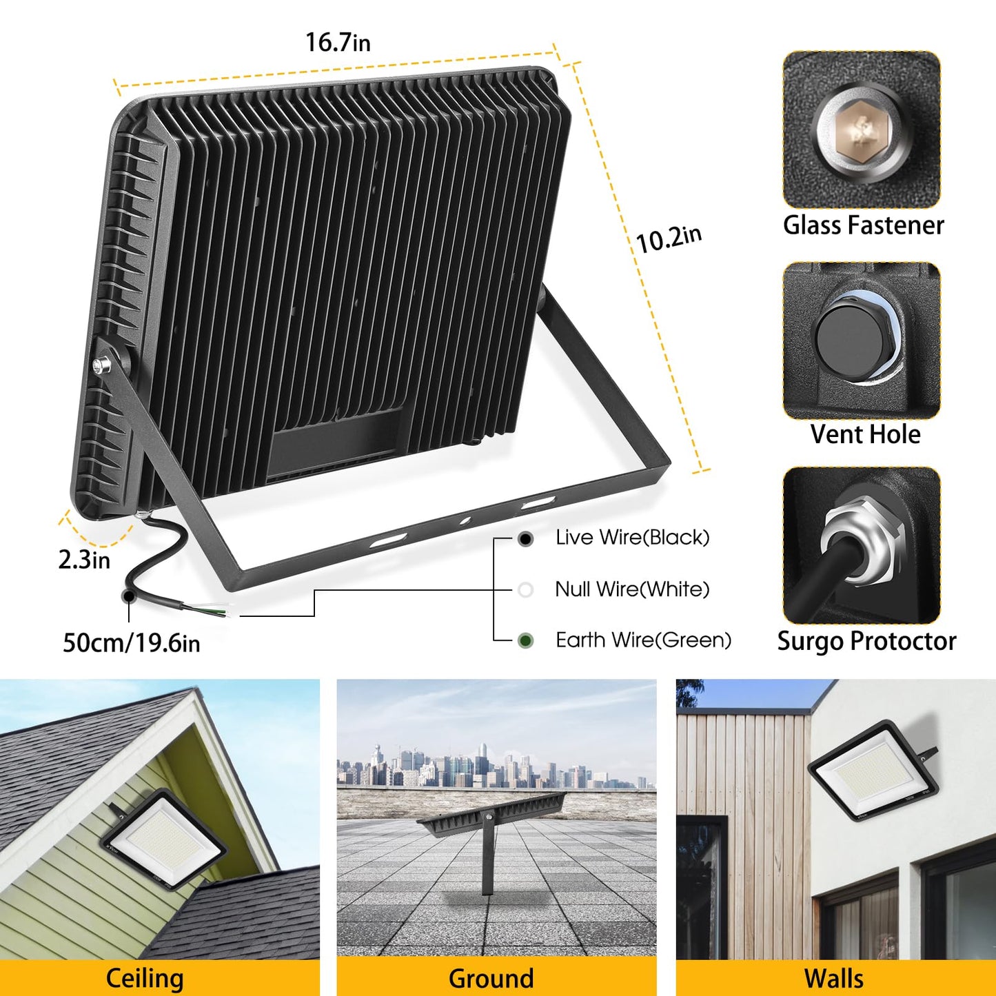 XYCN 2 Pack 300W Warm White LED Flood Light,No Plug,3000K 42500LM Outside Flood Light,Super Bright Outdoor Security Lights, IP66 Waterproof Floodlight for Yard,Playground,Garage, Garden, Lawn