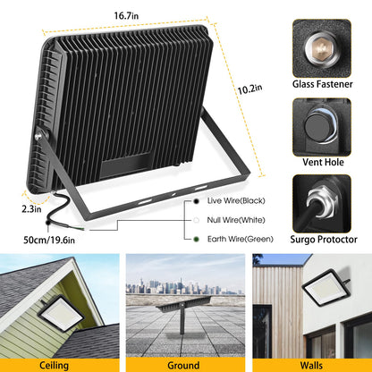 XYCN 2 Pack 300W Warm White LED Flood Light,No Plug,3000K 42500LM Outside Flood Light,Super Bright Outdoor Security Lights, IP66 Waterproof Floodlight for Yard,Playground,Garage, Garden, Lawn