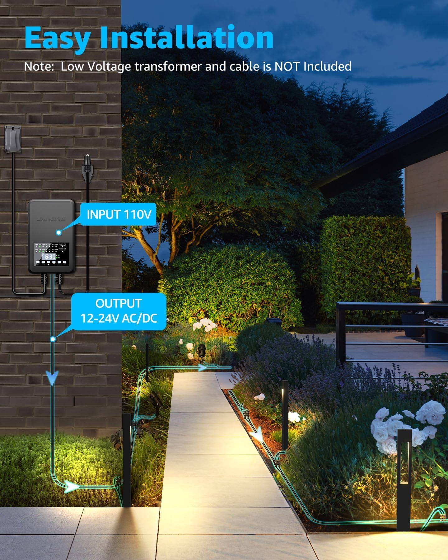 SUNVIE 12-Pack Low Voltage Pathway Lights Wired with Spotlights LED Outdoor Landscape Lighting Kit for Path, Garden, Yard, Patio, Cast-Aluminum, IP65 Waterproof, 12-24V AC/DC, 3000K Warm White, Black